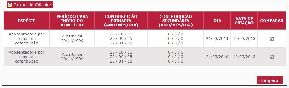 Selecionar os cálculos a serem comparados e clicar em Comparar.