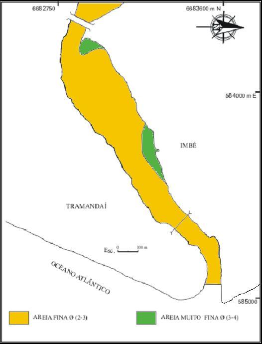 Figura 5- Mapa da variação do diâmetro médio (Mz) nos sedimentos superficiais do fundo da embocadura lagunar de Tramandaí, modificado de Tabajara (1994).