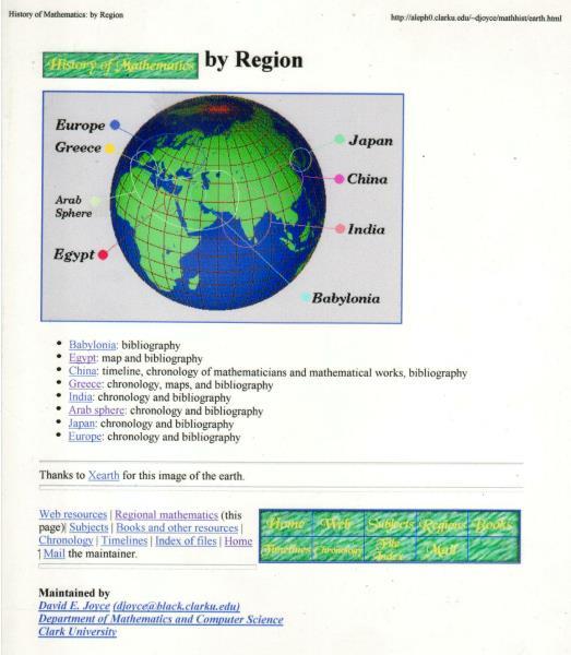 É possível acessar a História da Matemática de cada região clicando nas regiões do globo terrestre, na