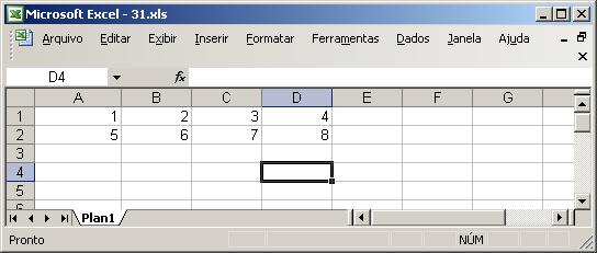 Inicie com uma planilha do Excel contendo os dados: Para facilitar o preenchimento do cabeçalho, vá até a última linha que contém dados e veja o número da última linha (no exemplo acima, 2).