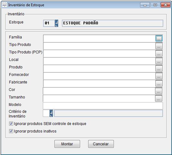 Montar inventário: Permite definir através de filtros os produtos que farão parte do inventário de estoque.