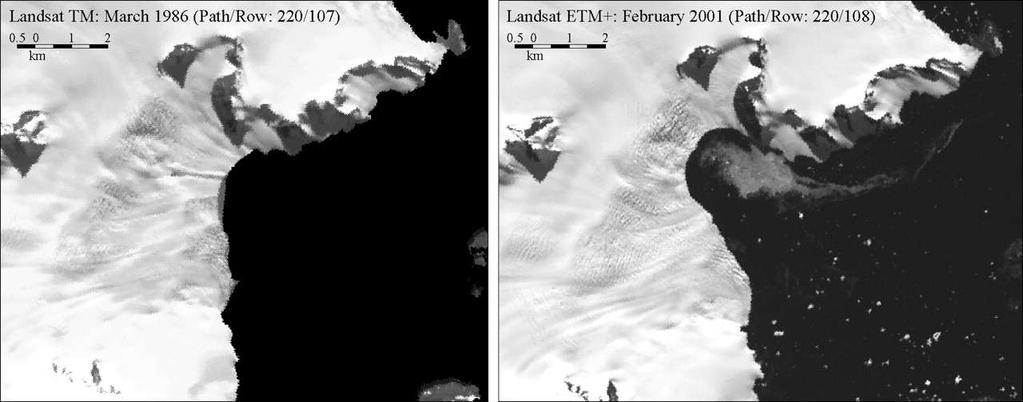 Aumento do nível do mar Satellite image pair showing glacier retreat of Sheldon Glacier, Adelaide Island