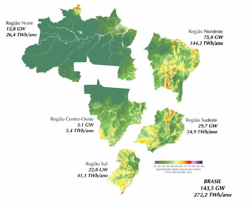 6 estudos, realizados pelo Centro de Referência para Energia Solar e Eólica CRESESB/CEPEL, denominado de Atlas do Potencial Eólico Brasileiro [10], estimou um potencial eólico da ordem de 143000MW,