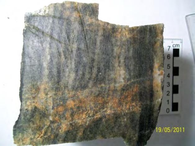 Em comparação com a amostra GB-1 os grãos de quartzo estão mais amarelados (aspecto sujo), são xenoblásticos e de granulação fina (0,5-1mm).