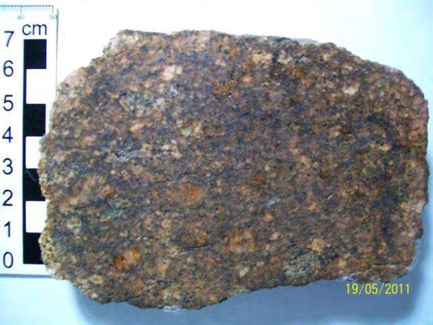 Os grãos de quartzo estão amarelados devido ao processo de alteração ao qual a rocha foi submetida.