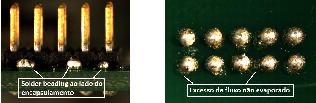 não evaporado tanto na solda quanto ao redor dos filetes. Ambos os defeitos são diretamente ligados ao excesso de pasta de solda impressa para estes componentes.