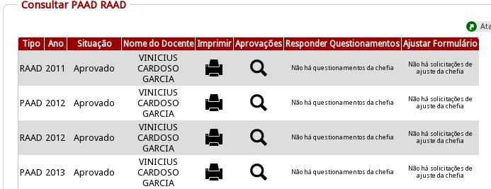 4.3. Após acessar a transação, aparecerá a seguinte tela: 4.4. Ao clicar no ícone, o sistema irá gerar o relatório em formato PDF do PAAD ou RAAD do ano correspondente à coluna ano.