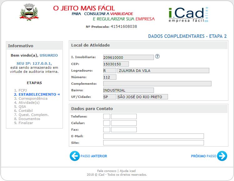 Etapa 2 - Estabelecimento Informe os "Dados para Contato" e clique em "PRÓXIMO PASSO".