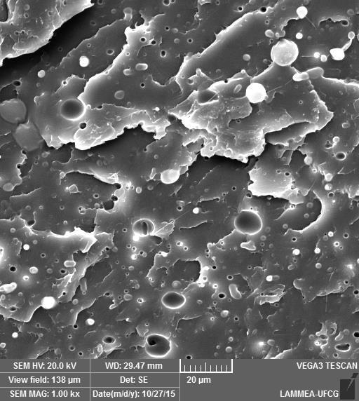 Na Fig. 3 são apresentadas as micrografias das superfícies de fratura das blendas PLA/SEBSgMA contendo 5, 10 e 15% em massa do copolímero SEBSgMA, numa ampliação de 1000X.