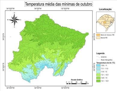 de maior altitude, como no rebordo do Planalto e, principalmente, na Serra do Sudeste. A amplitude térmica espacial, para cada mês, é maior nos meses mais quentes do ano.