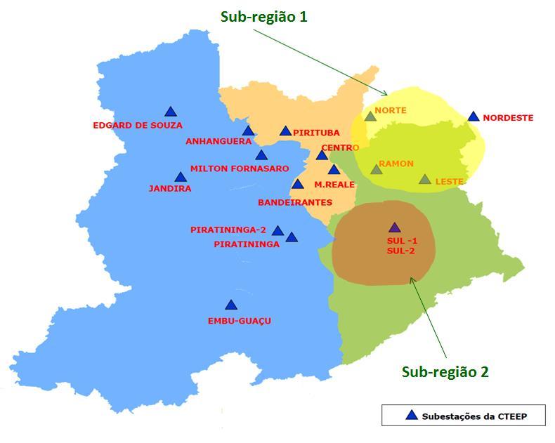 3 FIGURA 1 Região da Grande São Paulo A sub-região 1 engloba a cidade de Guarulhos e as regiões Leste e Nordeste da Capital que têm como principais fontes de suprimento as subestações, em 345/88 kv,