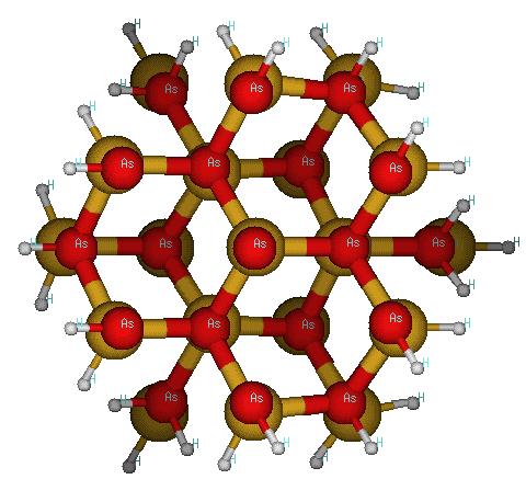 Figura 10: Estrutura do nanofio de diâmetro de 1,57 nm. Figura11: Estrutura do nanofio sem saturação e número de átomos igual a 74. Para o cálculo das massas efetivas utilizamos a Equação 2.