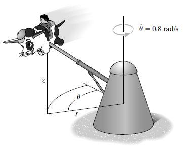 94 Se a posição do anel C de 3 kg na barra lisa AB é mantida em r = 720 mm, determine a velocidade angular constante na qual o mecanismo esta girando em torno do eixo vertical.