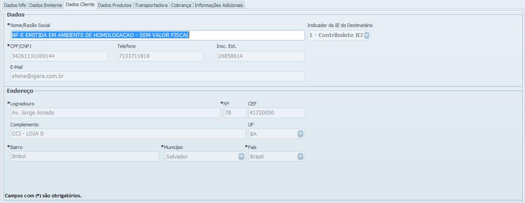 Tela de Cadastro da NF-e Aba Dados Cliente Aba destinada a seleção