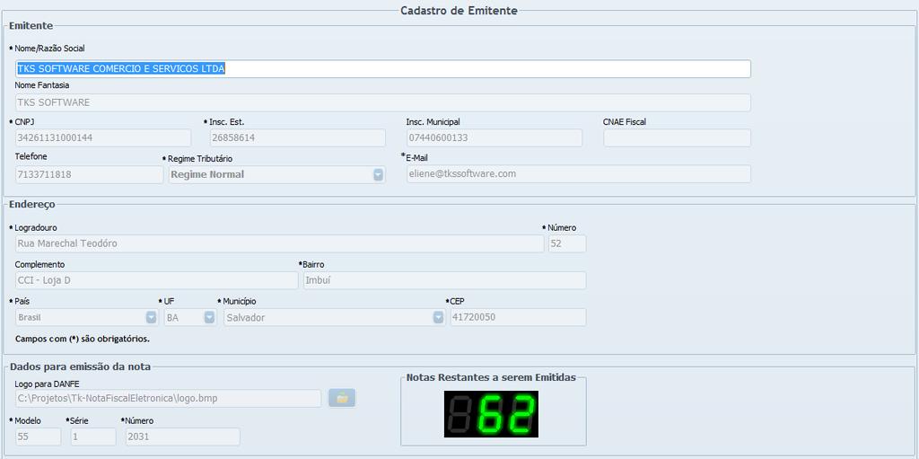 Tela de Cadastro do Emitente Campo de
