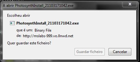 Clique em Install Photosynth para fazer download do programa de instalação do Photosynth. Clique em Guardar ficheiro. 5. Abrir-se-á uma janela para iniciar a instalação do programa.