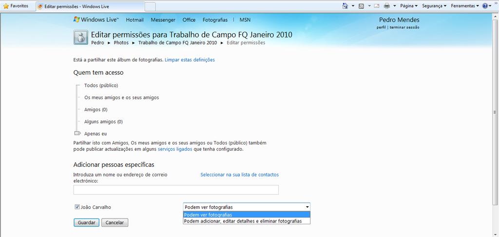 directamente. Poderá ainda definir se pretende que outro utilizador possa visualizar o álbum ou editá-lo. Por fim, clique em Guardar.