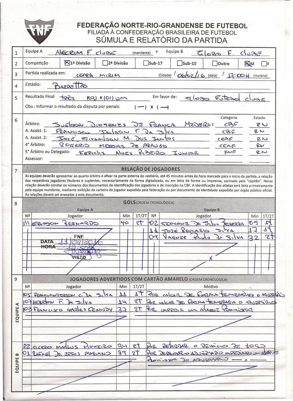 FEDERAÇÃO NORTEROGRANDENSE FLlADAÀ CONFEDERAÇÃO DE FUTEBOL BRASLERA DE F.UTEBOL SÚMULA E RELATÓRO DA PARTDA 1 2 Equipe A x (mandante) 11! Divisão Competição D21! Divisão DSub17....: 3.