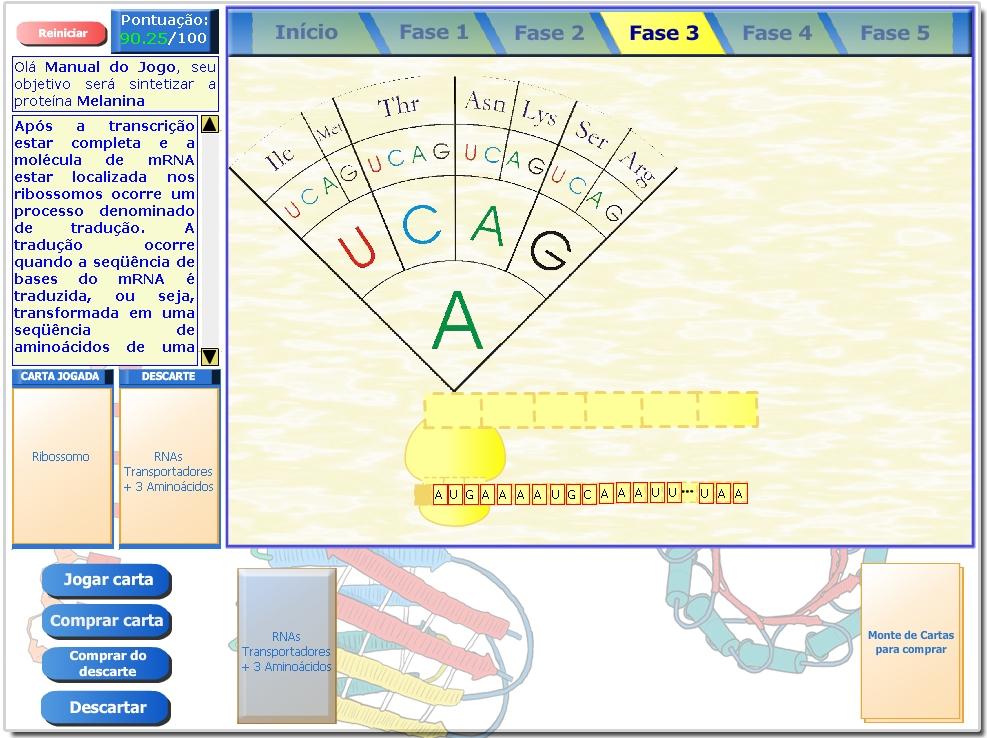 Ilustração 36: Tela da Fase 3 do jogo Nesta fase, o jogador deverá utilizar a fita de nucleotídeos para formar os aminoácidos que constituem a proteína que está sendo sintetizada.