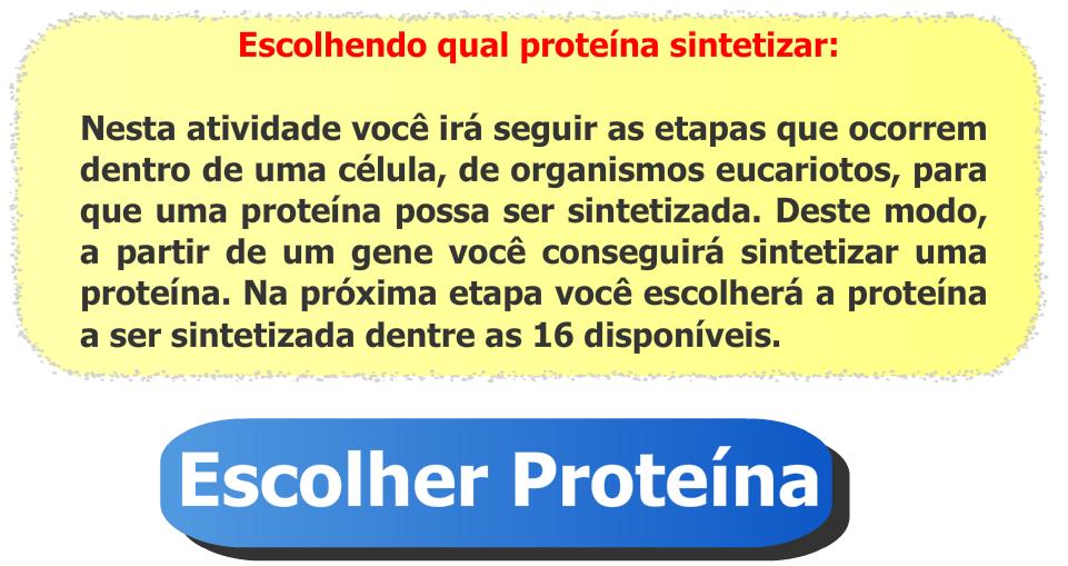 2.6. Escolha a proteína que será sintetizada Depois que o nome do jogador for informado e o botão