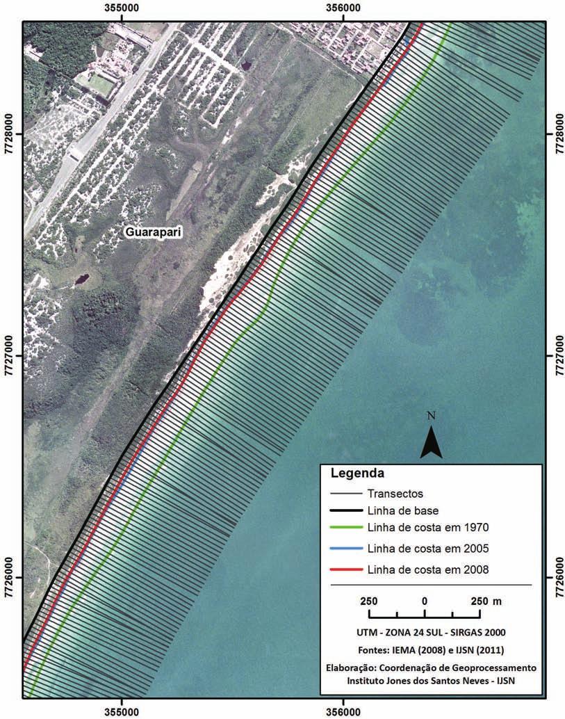 Inicialmente uma linha de base (baseline) foi digitalizada e, considerando esta, foram gerados transectos pelo DSAS estabelecendo-se um afastamento de vinte (20) metros entre eles.