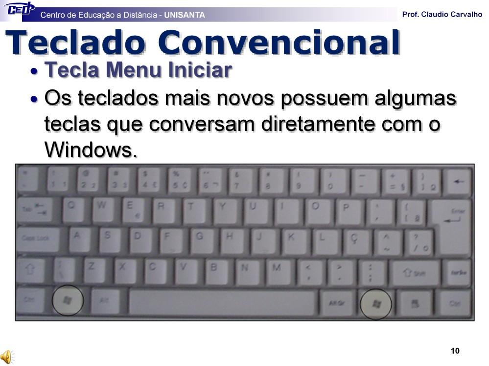 A tecla Iniciar abre o Menu Iniciar.