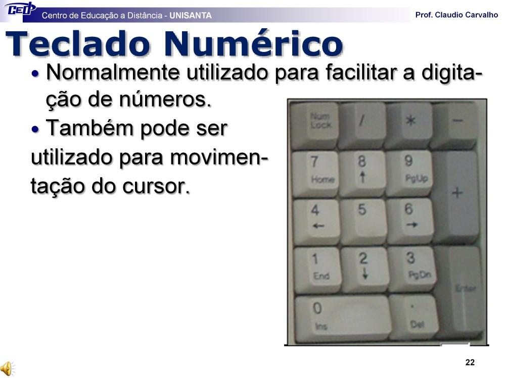 Hoje como a maioria dos teclados possui o Teclado numérico e o Teclado de movimentação do cursor, normalmente o teclado numérico não é utilizado para movimentação do cursor.