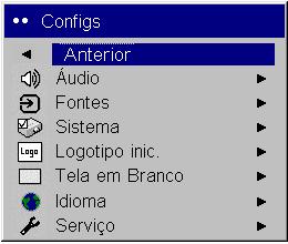 Utilização dos menus Para abrir os menus, pressione o botão Menudo teclado ou do controle remoto. Os menus se fecham automaticamente após 60 segundos se nenhum botão for pressionado.