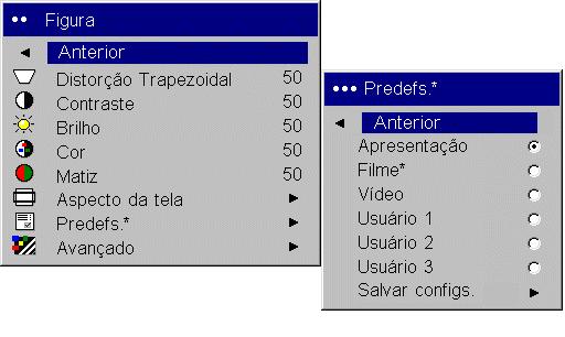 Predefs: as Predefinições fornecidas otimizam o projetor para exibir apresentações do computador, fotografias, imagens de filme e de vídeo.