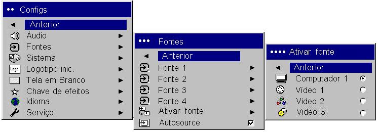 Ao selecionar Fonte autom., o recurso Ativar fonte indica a que fontes o projetor tenta se sincronizar.