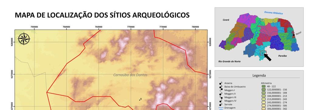 Figura 02 - Mapa de localização dos sítios arqueológicos a céu aberto identificados ao longo do vale do riacho da Cobra, entre Parelhas e Carnaúba dos Dantas RN Fonte: Embrapa, 2009 e INAPAS, 2012.