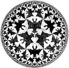 Círculo Limite I Círculo Limite III Na obra de Escher, acima e à direita, vemos centralizado no Disco, uma composição de h- quadrilátero regular e quatro h-triângulos equiláteros.