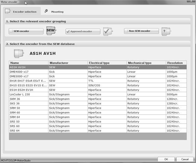 Colocação em operação Colocação em operação MOVIAXIS Operação de motor único I 0 5 No submenu [Encoder selection], é possível selecionar os encoders de três categorias.