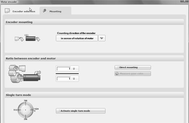 Colocação em operação Colocação em operação MOVIAXIS Operação de motor único I 0 5 Submenu [Mounting] Neste menu é possível introduzir a direção de contagem do encoder e a relação de transmissão