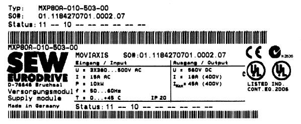 plaqueta de identificação: fixação na braçadeira superior do módulo Parte "III" da plaqueta de identificação: fixação na parte lateral da carcaça do módulo [1] Denominação do tipo [2] Número de