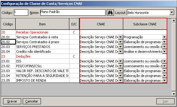 2- Selecione para cada classe de conta, a CNAE e subclasse que foi cadastrado no item anterior.