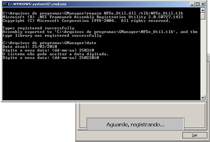 Nessa tela do prompt de comando, quando chegar à parte de dd-mm-aa pode clicar em <Enter>. Verifique sempre se a mensagem Types registered successfully apareceu.