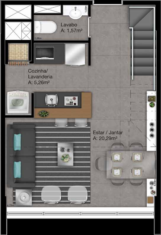 Cozinha americana com churrasqueira. Ampla suíte com 15,23 m 2 duplex 57m 2 Pé direito duplo 6,33 m 2 Planta referente aos finais 08 e 09 do tipo 01.