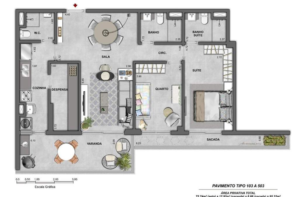 PLANTA TIPO APTOS/103/503 ÁREA PRIVATIVA: 75,74 + 12,92(var.) + 6,66(sac.) = 95,32 m 2 / 79 A decoração e os revestimentos são imagens meramente ilustrativas.