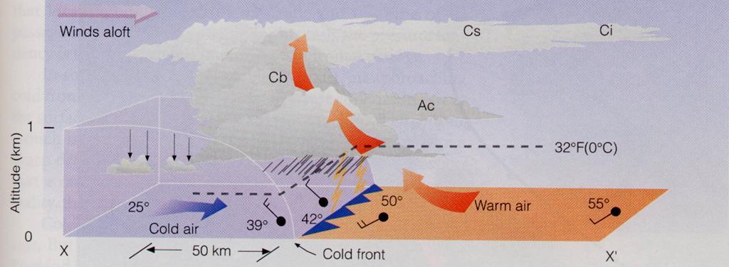 Estrutura Típica de Frente Fria Ar frio substitui ar quente; inclinação maior em baixos níveis devido à fricção em baixos níveis Forte movimento vertical e ar instável formam as nuvens cumuliformes
