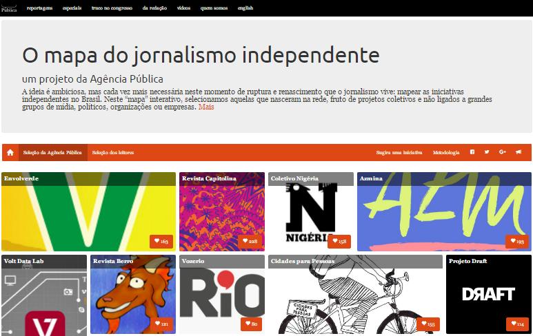 Corpus Mapa do Jornalismo Independente, organizado pela Agência Pública, uma das iniciativas de jornalismo alternativo brasileiras pesquisadas. Reúne 74 iniciativas.