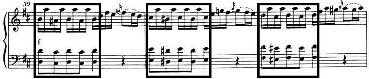 orquestral. Figura 55: W. A. Mozart, Sonata K. 284, c.30-32.