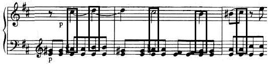 mão esquerda da sonata (figura 79) com a textura das partes dos violinos I e II (figura 80). Em ambos os excertos há a manutenção de uma nota pedal (evidenciada) enquanto a outra voz se movimenta.