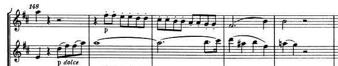 Mozart poderia ter recapitulado tal melodia (figura 97) por meio do violino I, mas, por algum motivo, preferiu passar essa melodia para o violino II.
