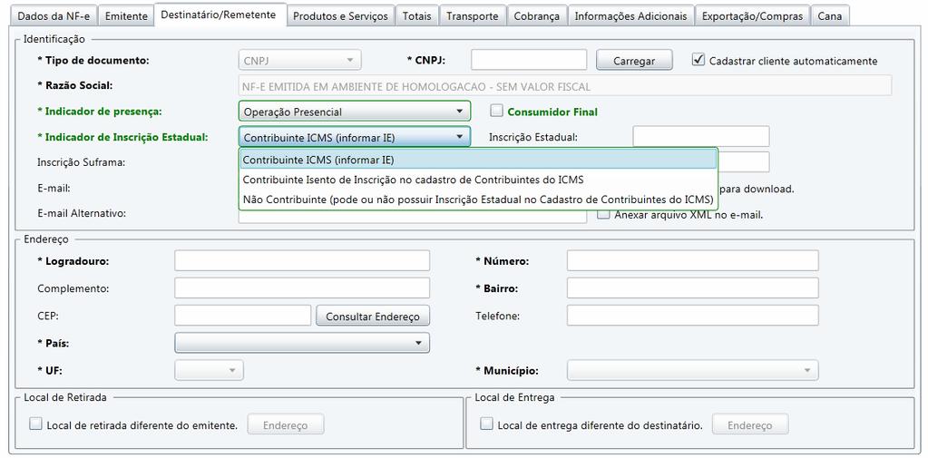 8.3 Emitindo uma Nova NF-e (Aba Destinatário/Remetente) Inicie informando o número do CNPJ/CPF e tendo feito cadastro previamente use o botão Carregar se você cadastrou previamente o cliente no