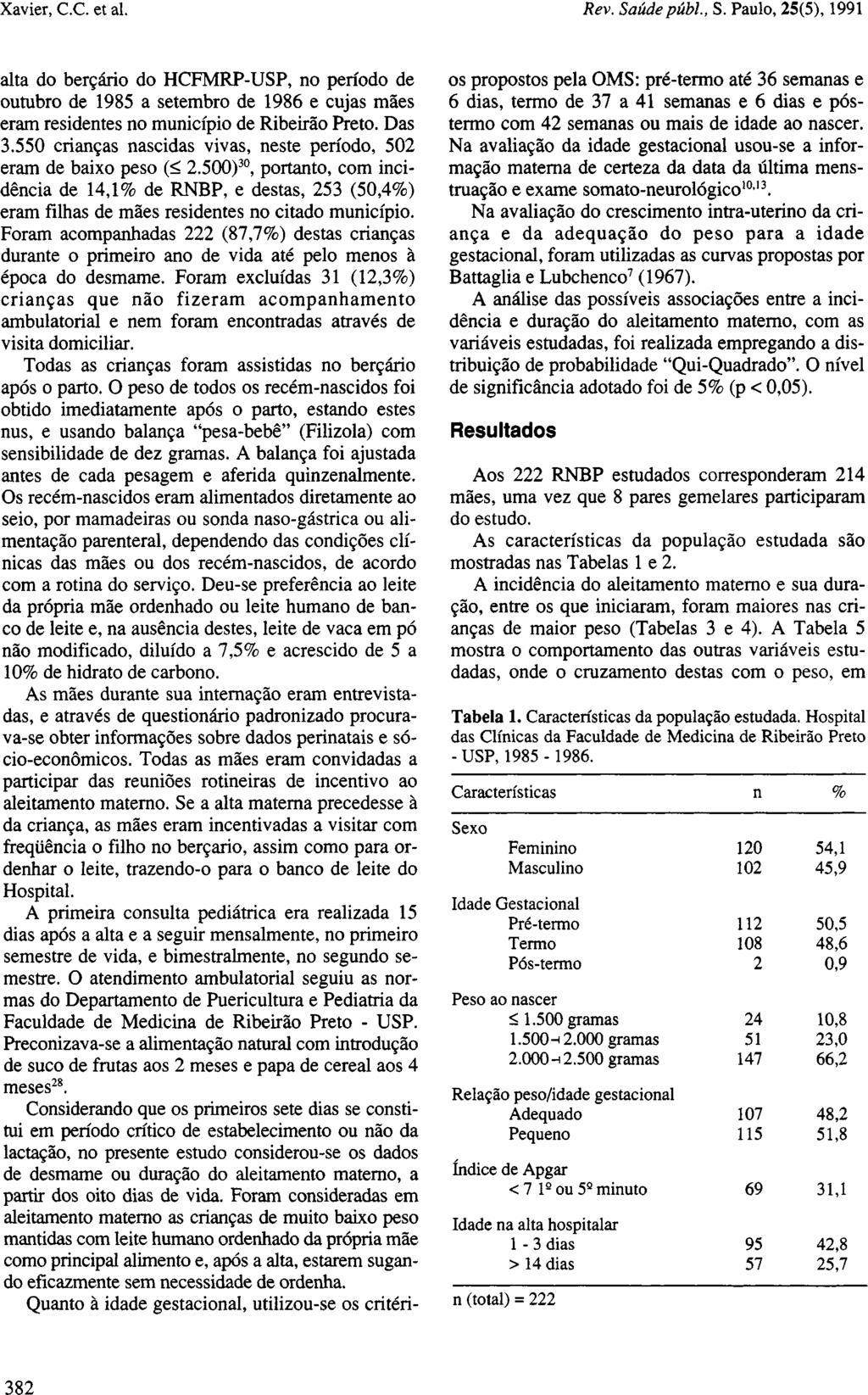 alta do berçário do HCFMRP-USP, no período de outubro de 1985 a setembro de 1986 e cujas mães eram residentes no município de Ribeirão Preto. Das 3.