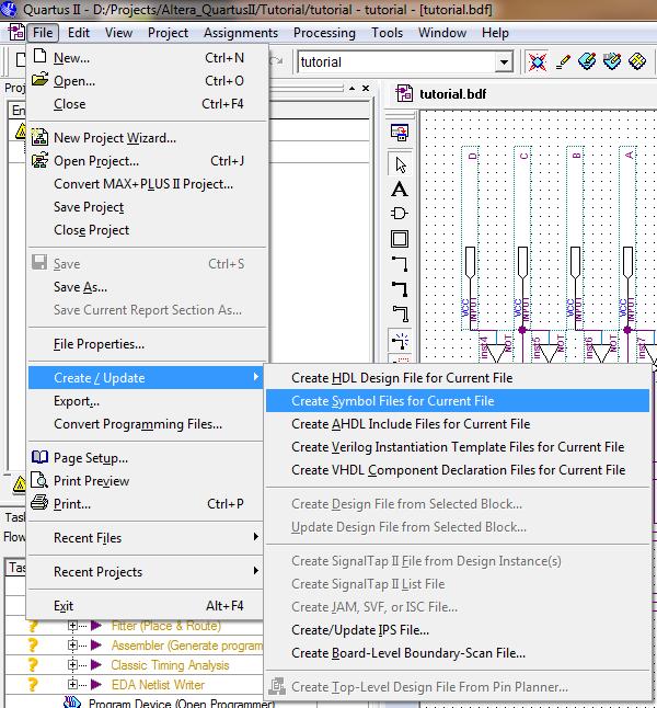 File -> Create/Update -> Create Symbol Files for Current File A figura 18 mostra a sequência de comandos acima aplicada no Quartus (R) II.