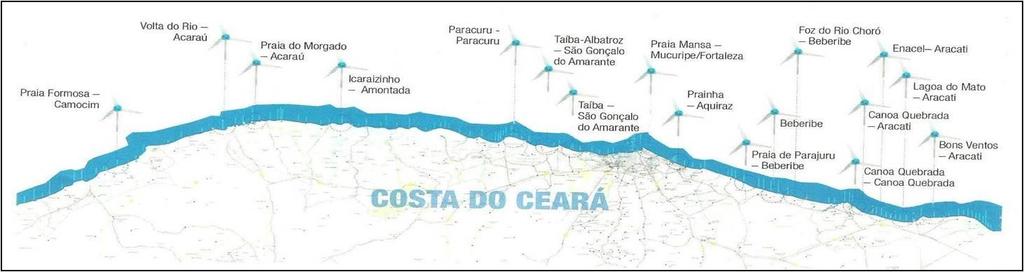 ENERGIA EÓLICA Potencial Eólico CE: 25 mil MW (on shore) e 10 mil MW (off shore) Liderança nacional (30% da potência instalada no Brasil) Implantados: 519 MW em 17 usinas (Investimento: R$ 2 bilhões)