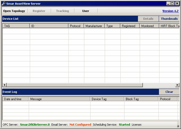 Interface do AssetView Server Na parte inferior da janela do AssetView Server, a barra de status indica as configurações feitas na tela de abertura do AssetView, quando a ferramenta é executada pela