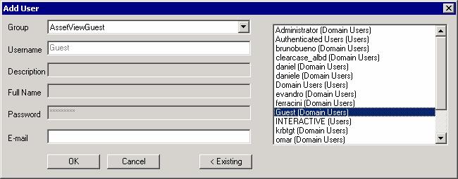 AssetView 4.2 - Manual do Usuário Figura 2.18. Usuários Existentes 1. Selecione o nome do usuário a partir da lista de usuários existentes. 2. Defina o grupo ao qual o usuário será adicionado: Engineers ou AssetViewGuest.